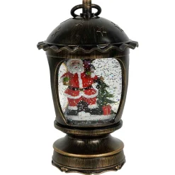 Antique Brushed Starry Lantern With Light Up Santa Scene Spinning Glitter Waterglobe