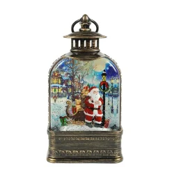 Antique Lantern With Led Light Up Santa With Toy Sack Scene Spinning Glitter Waterglobe