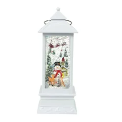 Antique White Tall Lantern With Led Light Up Snowman Scene Spinning Glitter Waterglobe