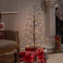 4 Foot Tall Snowy Brown Pre Lit Tree, 128 Warm White Leds