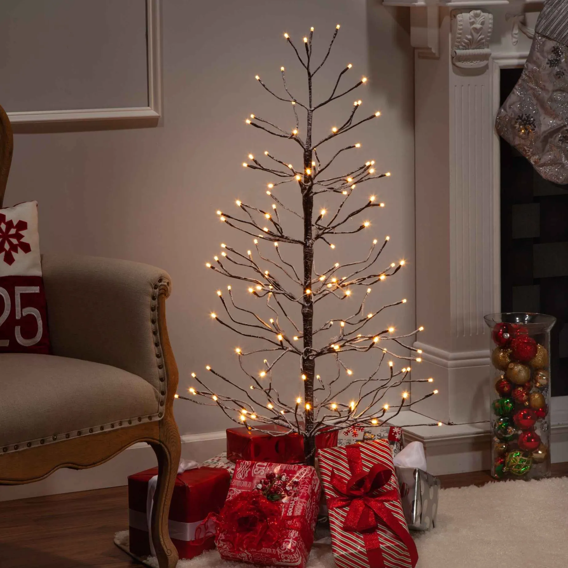 4 Foot Tall Snowy Brown Pre Lit Tree, 128 Warm White Leds
