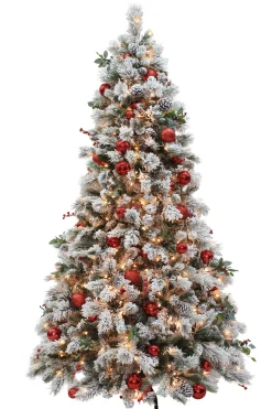 7Ft Prelit Fairfield Flocked With Pinecones Ball Ornaments &Red Berries #114-Fgf-70Cy6