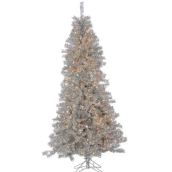 7.5Ft Pre-Lit Silver Curly Tinsel Christmas Tree With Clear Lights