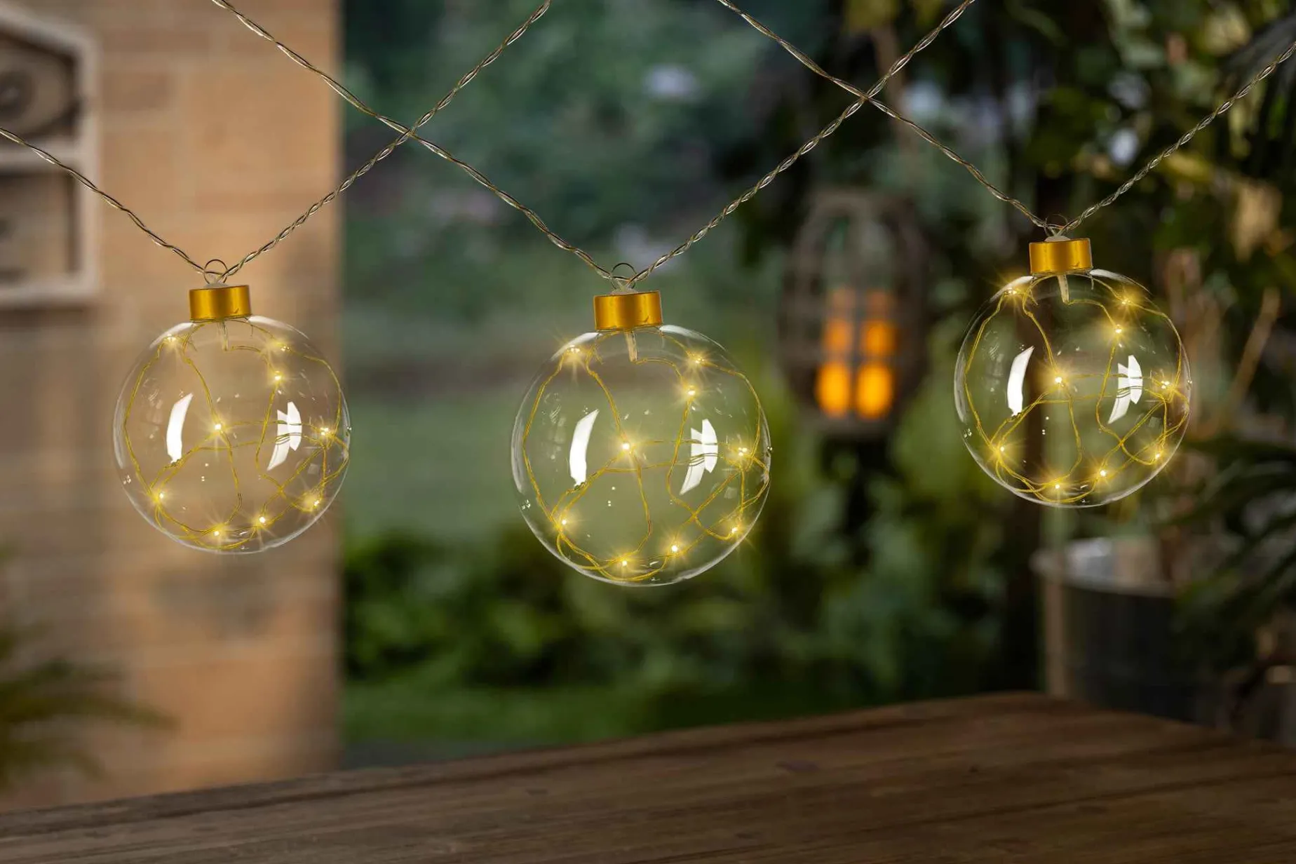 Glass Christmas Ornament Garland With Gold String Lights