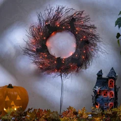 20 In Black Halloween Twig Wreath With Bats And Orange Leds