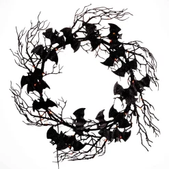 18 In Black Twig Halloween Wreath With Bats And Orange Leds
