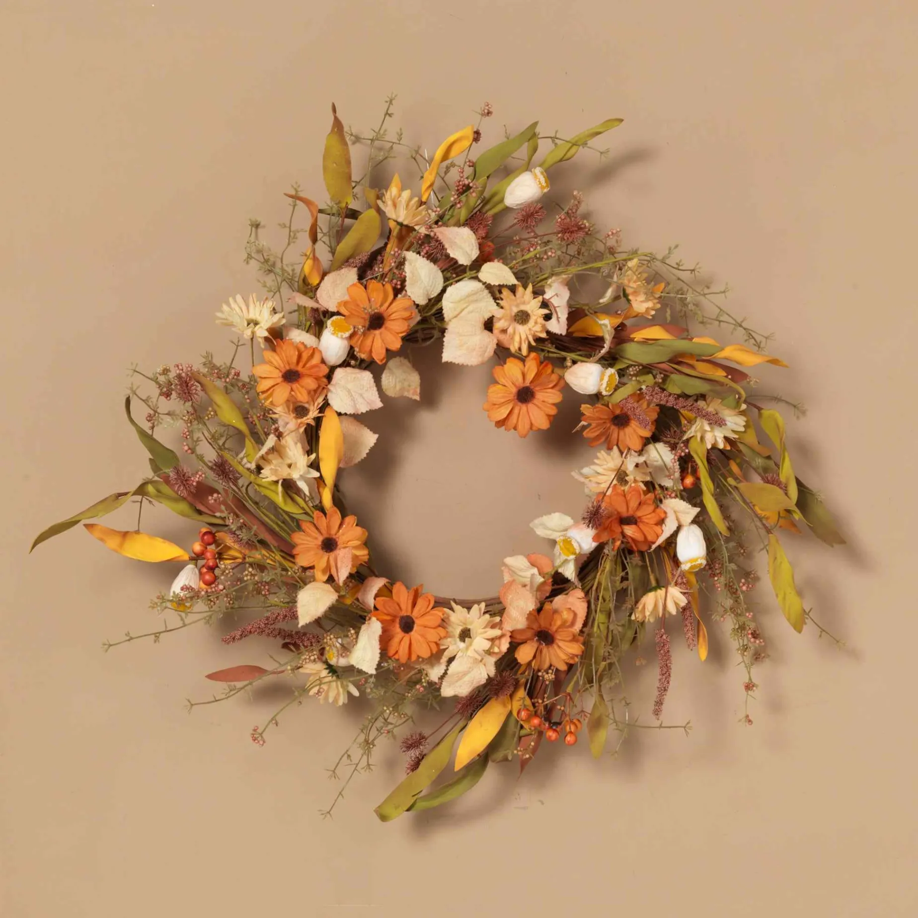 22-Inch Diameter Harvest Wreath With Fall Flowers And Berries