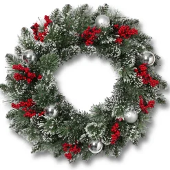 24 Inch Flocked Holiday Wreath With Red Berries And Ornaments