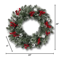 24 Inch Flocked Holiday Wreath With Red Berries And Ornaments