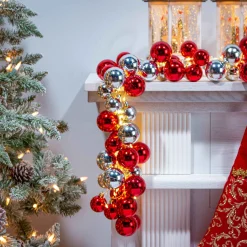 58.5-Inch Long Electric Red And Silver Lighted Ornament Strung Garland