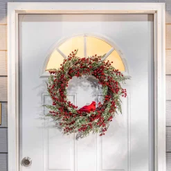 24 Inch Winter Holiday Wreath With Red Berries And Cardinal