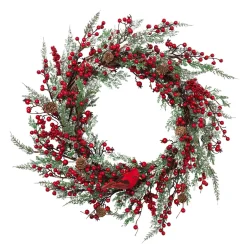 24 Inch Winter Holiday Wreath With Red Berries And Cardinal