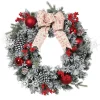 24 In Flocked Holiday Wreath With Bow, Berries And Ornaments