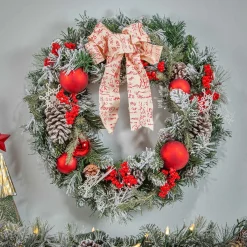 24 In Flocked Holiday Wreath With Bow, Berries And Ornaments