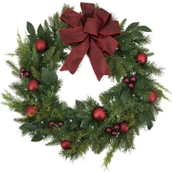 32 In Holiday Cedar Wreath With Red Bow And Christmas Ornaments