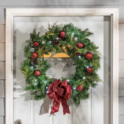 32 In Holiday Cedar Wreath With Red Bow And Christmas Ornaments