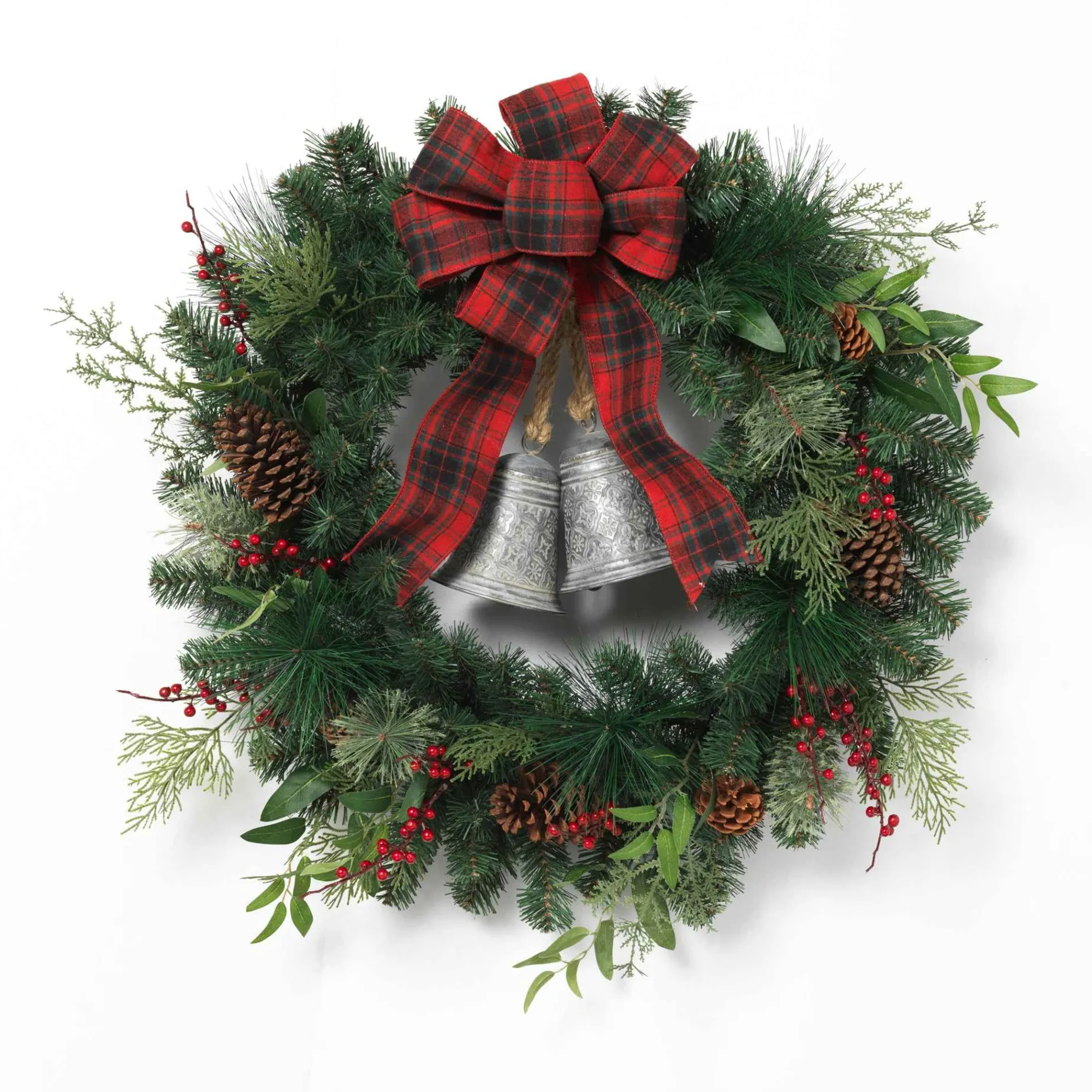 32 In Holiday Pine Wreath With Plaid Bow And Silver Bells