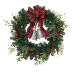 32 In Holiday Pine Wreath With Plaid Bow And Silver Bells