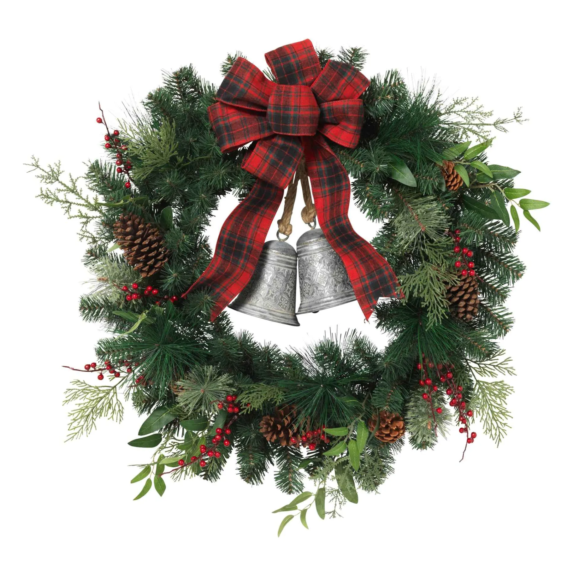 32 In Holiday Pine Wreath With Plaid Bow And Silver Bells