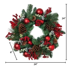 24 In Holiday Wreath With Pinecones, Red Berries And Ornaments
