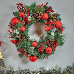 24 In Holiday Wreath With Pinecones, Red Berries And Ornaments