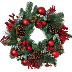 24 In Holiday Wreath With Pinecones, Red Berries And Ornaments