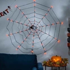 48 In Spooky Lighted Spider Web With Orange Micro Led Lights