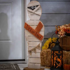 32 In Tall Wood Halloween Mummy, Spooky Decor With Boo Banner