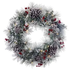 Kurt Adler 18-Inch Battery-Operated Flocked With Red Berries And Pinecones Led Wreath