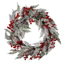 Kurt Adler 20-Inch Unlit Flocked Rattan Wreath With Red Berries