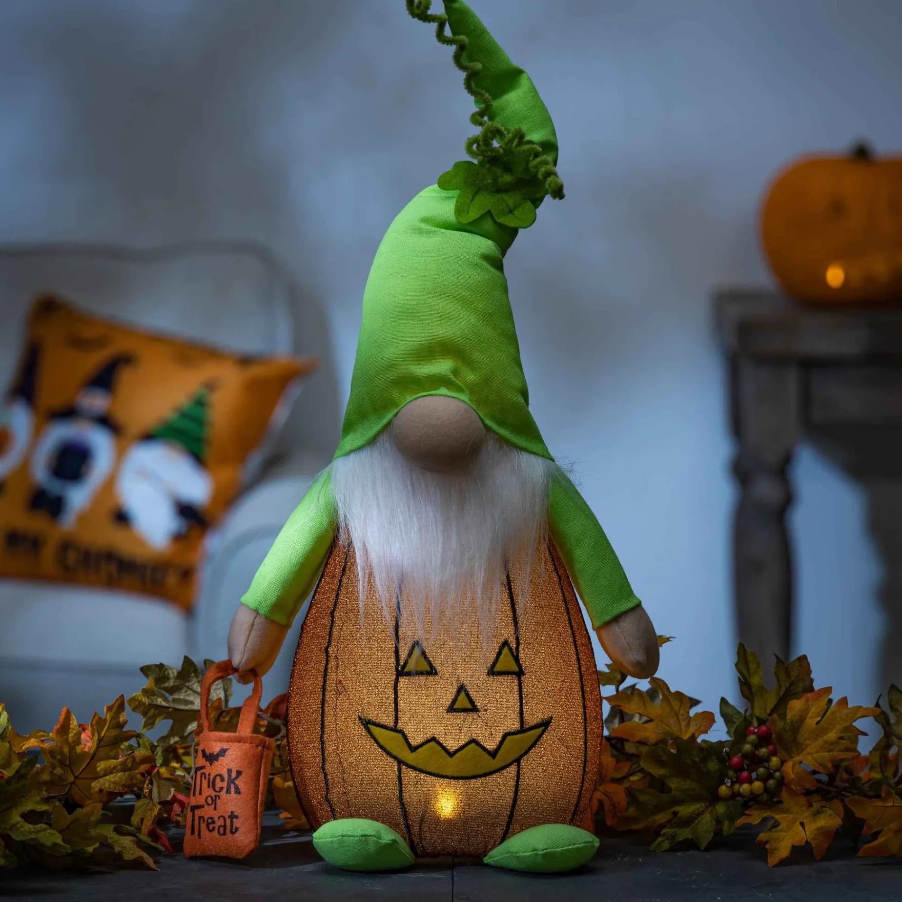 Lighted Gnome In Pumpkin Costume, Cute Halloween Decor