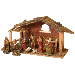 9 Piece 15.25-Inch-Long Resin Nativity Scene With Moss Stable