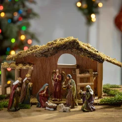 9 Piece 15.25-Inch-Long Resin Nativity Scene With Moss Stable