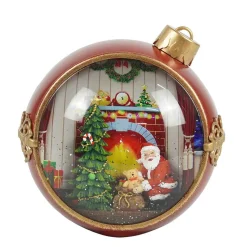Red And Gold Ornament Ball With Led Warm White Light Up Musical Building A Snowman Scene Spinning Glitter Waterglobe