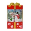 Red And Gold Square Gift Box With Led Warm White Light Up Snowman Family Scene Spinning Glitter Waterglobe