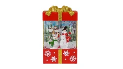 Red And Gold Square Gift Box With Led Warm White Light Up Snowman Family Scene Spinning Glitter Waterglobe