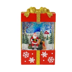 Red And Gold Square Gift Box With Led Warm White Light Up Santa And Dog Winter Scene Spinning Glitter Waterglobe