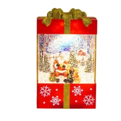 Red And Gold Square Gift Box With Led Warm White Light Up Santa And Dog Winter Scene Spinning Glitter Waterglobe