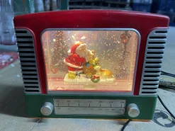Red And Green Antique Radio With Led Warm White Light Up Santa With Toys Scene Spinning Glitter Waterglobe