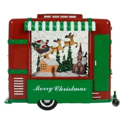 Red And Green Christmas Trailer With Led Warm White Light Up Santa Sleigh Scene Spinning Glitter Waterglobe