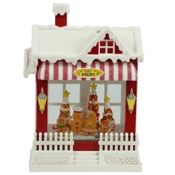 Red Snowy Bakery With Led Warm White Light Up Gingerbread Family Shop Spinning Glitter Waterglobe