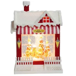 Red Snowy Bakery With Led Warm White Light Up Gingerbread Family Shop Spinning Glitter Waterglobe