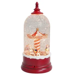 Red Snowy Cloche With Led Light Up Carousel Scene Spinning Glitter Waterglobe