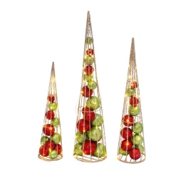 S/3 Battery- Operated Lighted Red & Green Ornament Filled Cone Trees, Lg Is 24-In H, Med Is 20-In H, Sm Is 16-In H