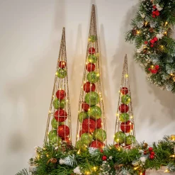 S/3 Battery- Operated Lighted Red & Green Ornament Filled Cone Trees, Lg Is 24-In H, Med Is 20-In H, Sm Is 16-In H