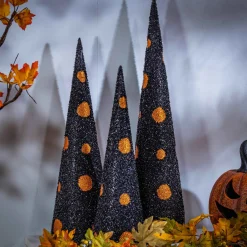 Set Of 3 Assorted Black And Orange Glitter Halloween Cone Trees