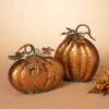 Set Of 2 Assorted Metal Harvest Tabletop Pumpkins With Leaf Accents