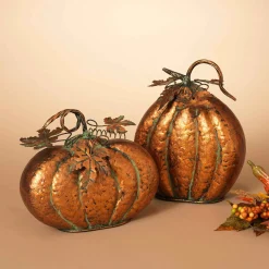 Set Of 2 Assorted Metal Harvest Tabletop Pumpkins With Leaf Accents