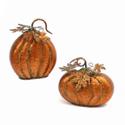 Set Of 2 Assorted Metal Harvest Tabletop Pumpkins With Leaf Accents