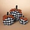 Set Of 3 Assorted Sized Fabric Black And White Plaid Pumpkins Harvest Decor With Leaf Accent